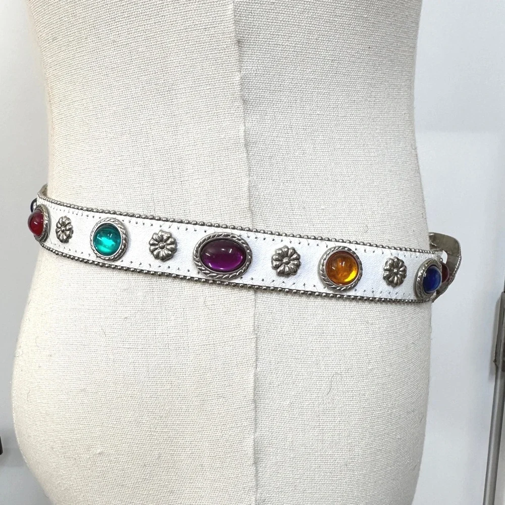 Vintage 80s Jeweled Cabochon Genuine Leather Belt M/L White Multicolor Festival